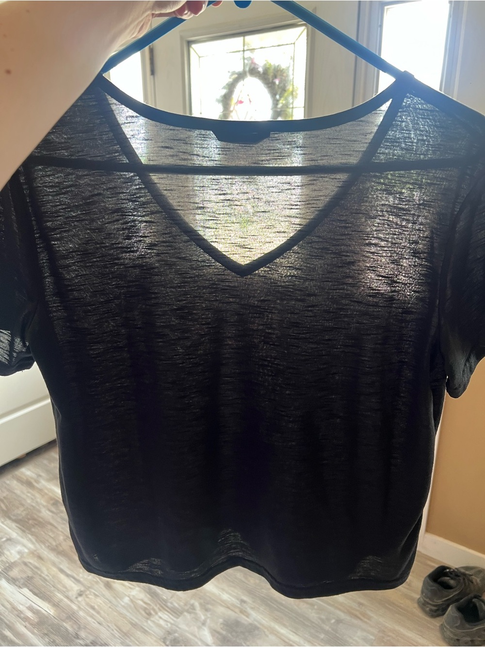 SHEIN Black Sheer V-Neck Short Sleeve Top
